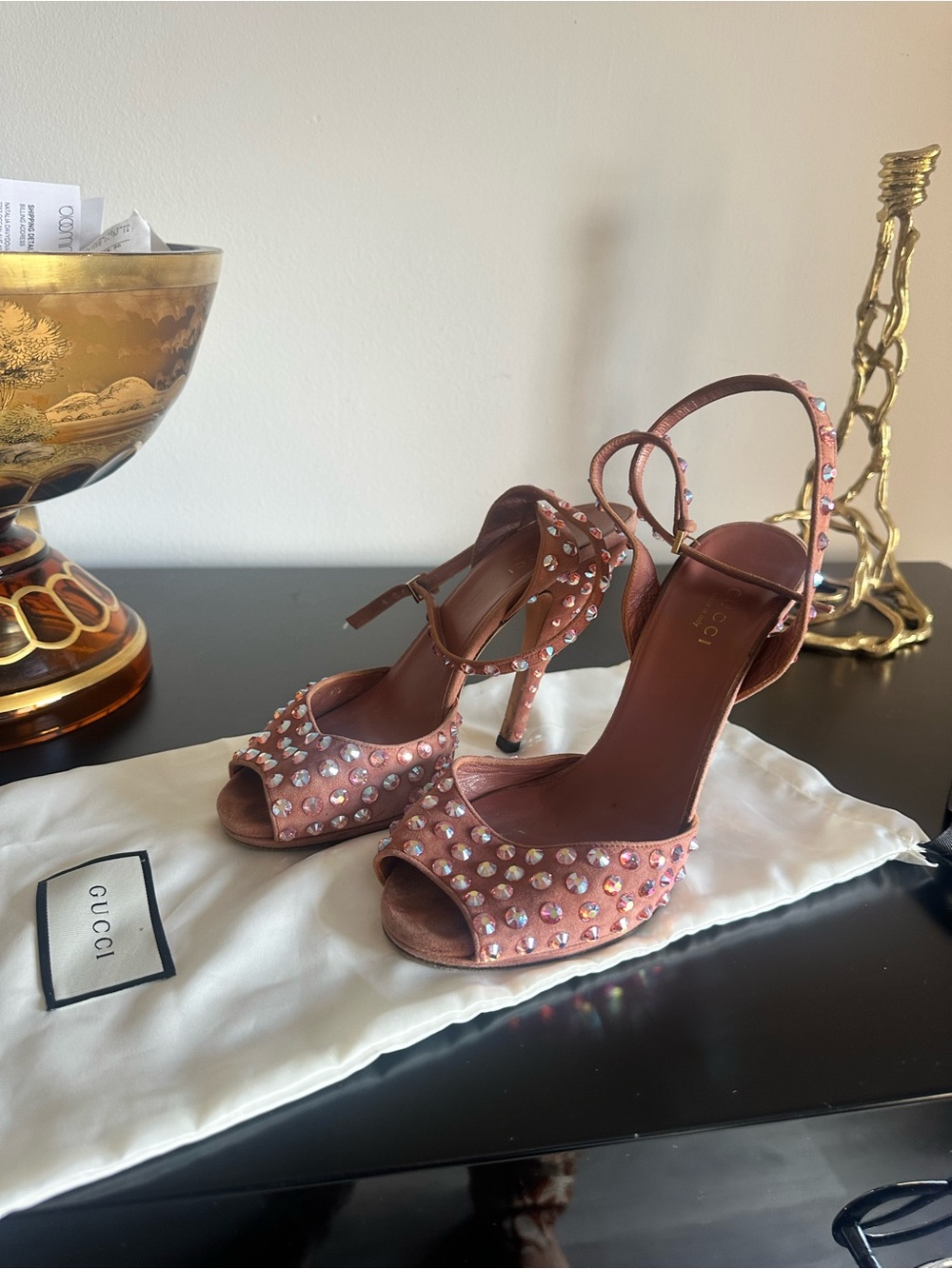 Gucci Rose Pink Crystal Studded Open-Toe Stiletto Sandals